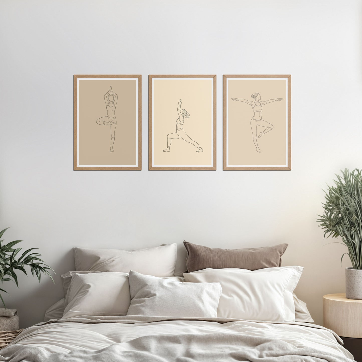 Bed Room Preview of Yoga Posture Wall Decor Set of 3 Frames in Natrual Color Frame