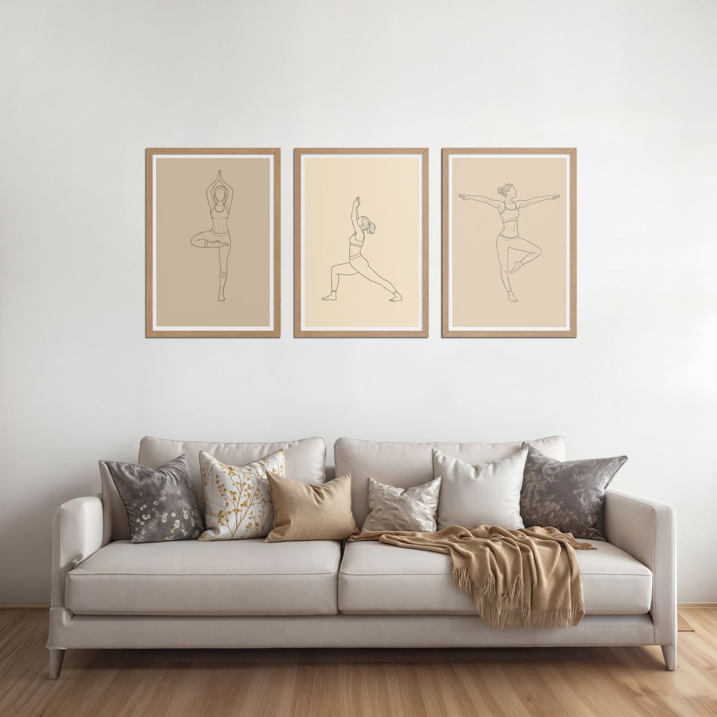 Living Room Sofa Preview of Yoga Posture Wall Decor Set of 3 Frames in Natrual Color Frame