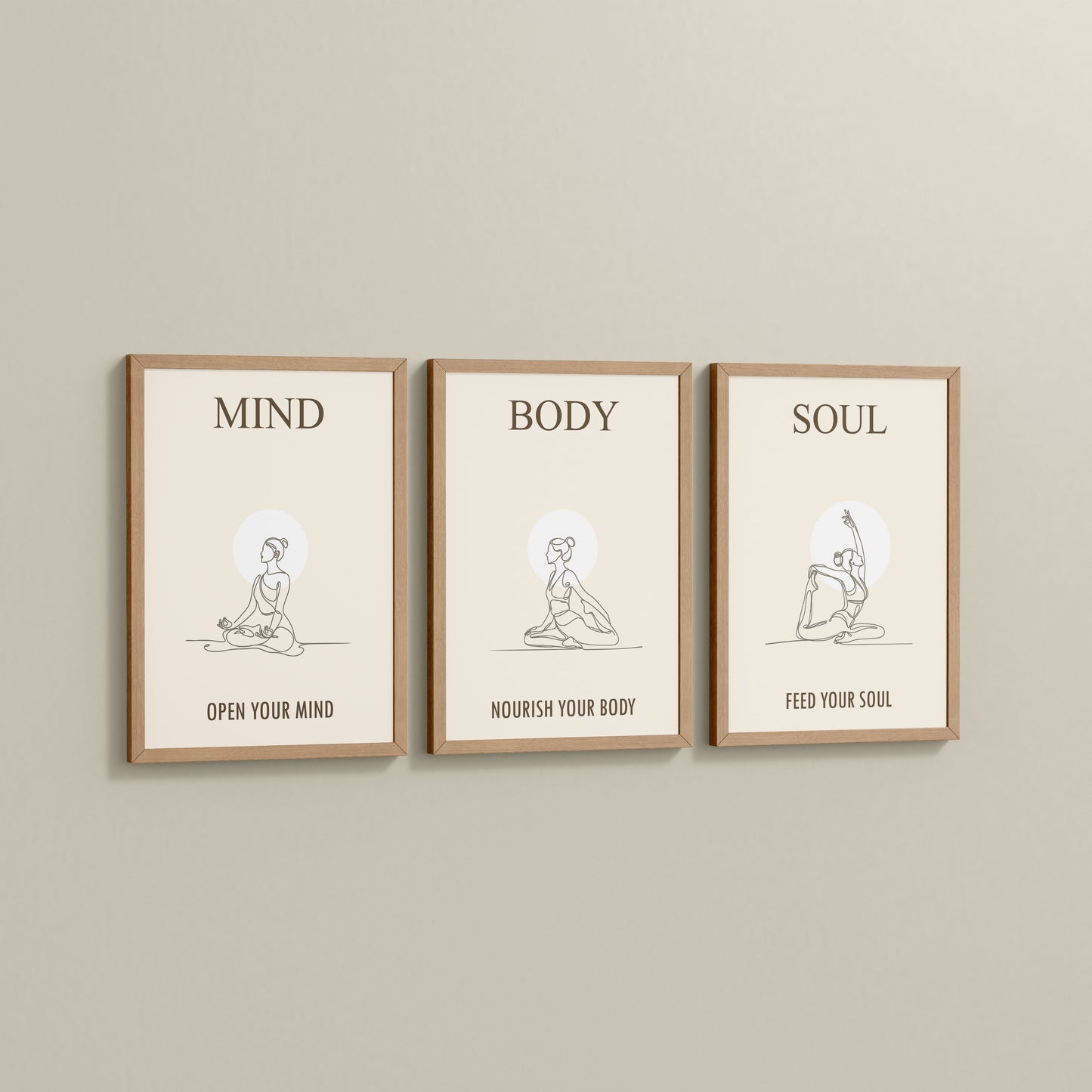 Side View of Mind, Body & Soul – Yoga Wall Art Set of 3 Frames in Natrual Color Frame