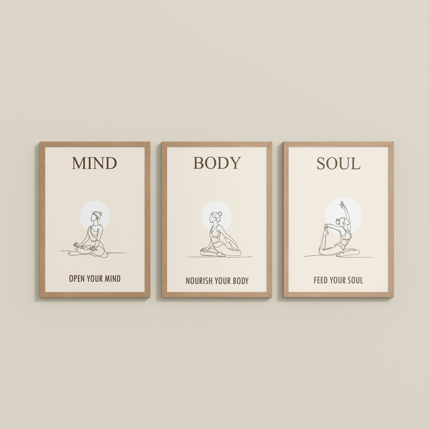 Wall View of Mind, Body & Soul – Yoga Wall Art Set of 3 Frames in Natrual Color Frame