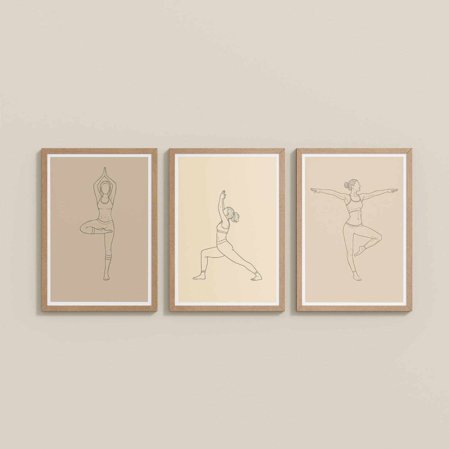 Wall View of Yoga Posture Wall Decor Set of 3 Frames in Natrual Color Frame