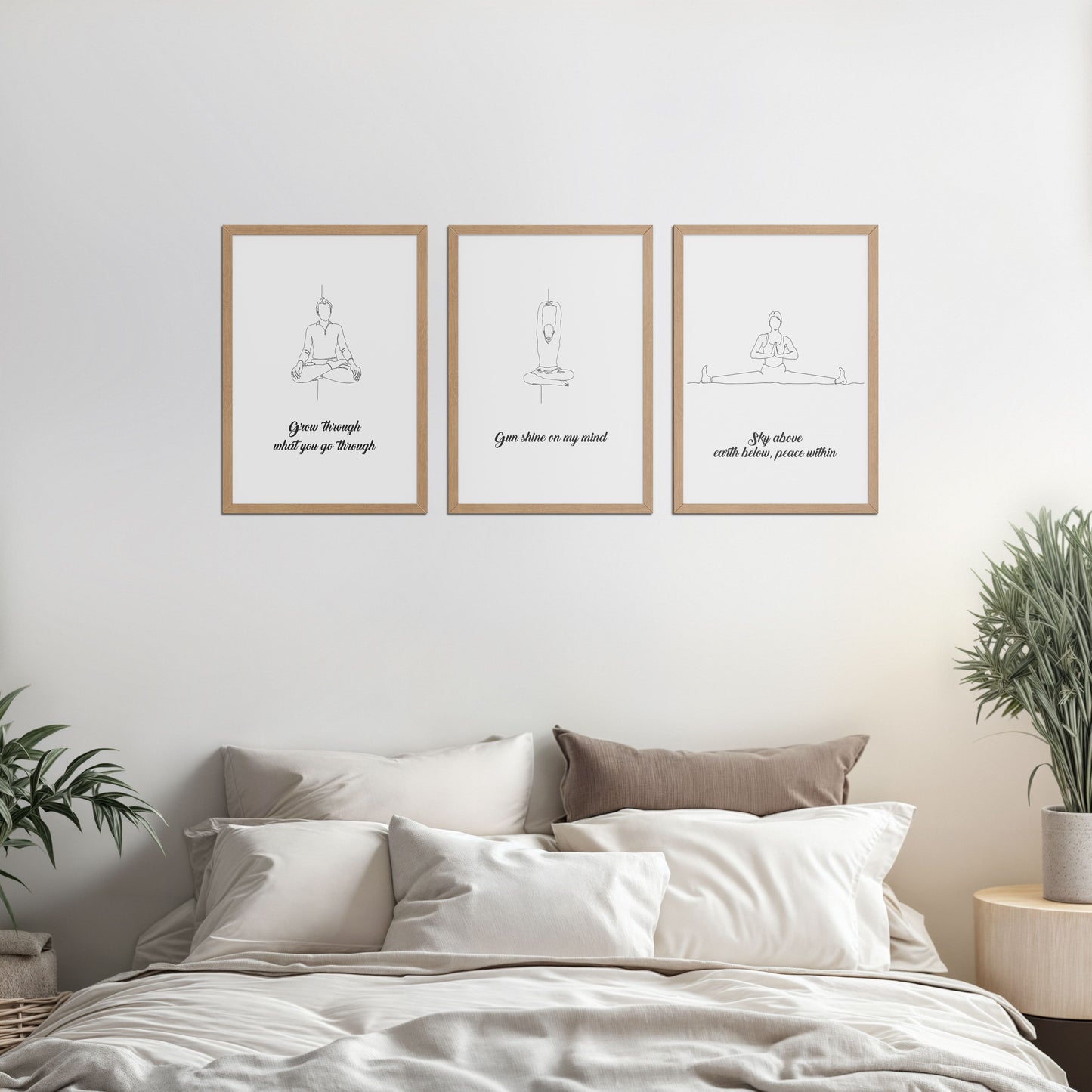 Bed Room Preview of Mindful Mantras – Yoga Quote Line Art Wall Frame Set of 3 in Natrual Color Frame