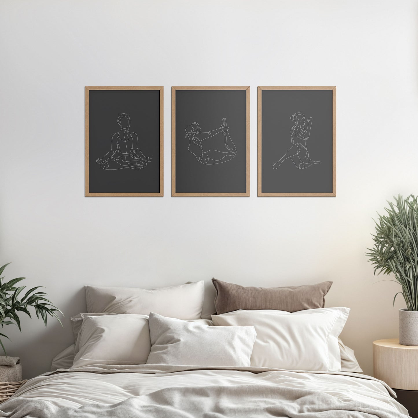 Bed Room Preview of Grace in Motion – Minimalist Yoga Pose Line Art Set of 3 in Natrual Color Frame
