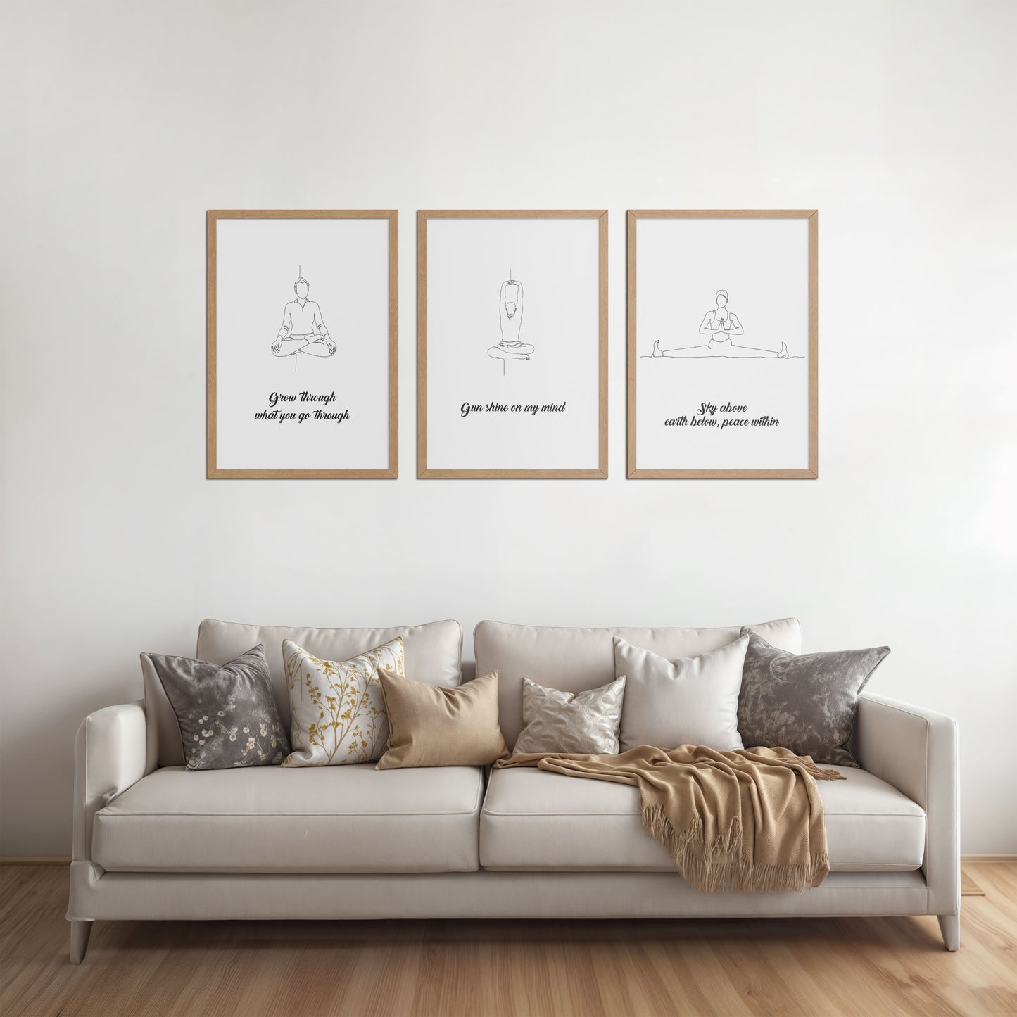 Living Room Sofa Preview of Mindful Mantras – Yoga Quote Line Art Wall Frame Set of 3 in Natrual Color Frame