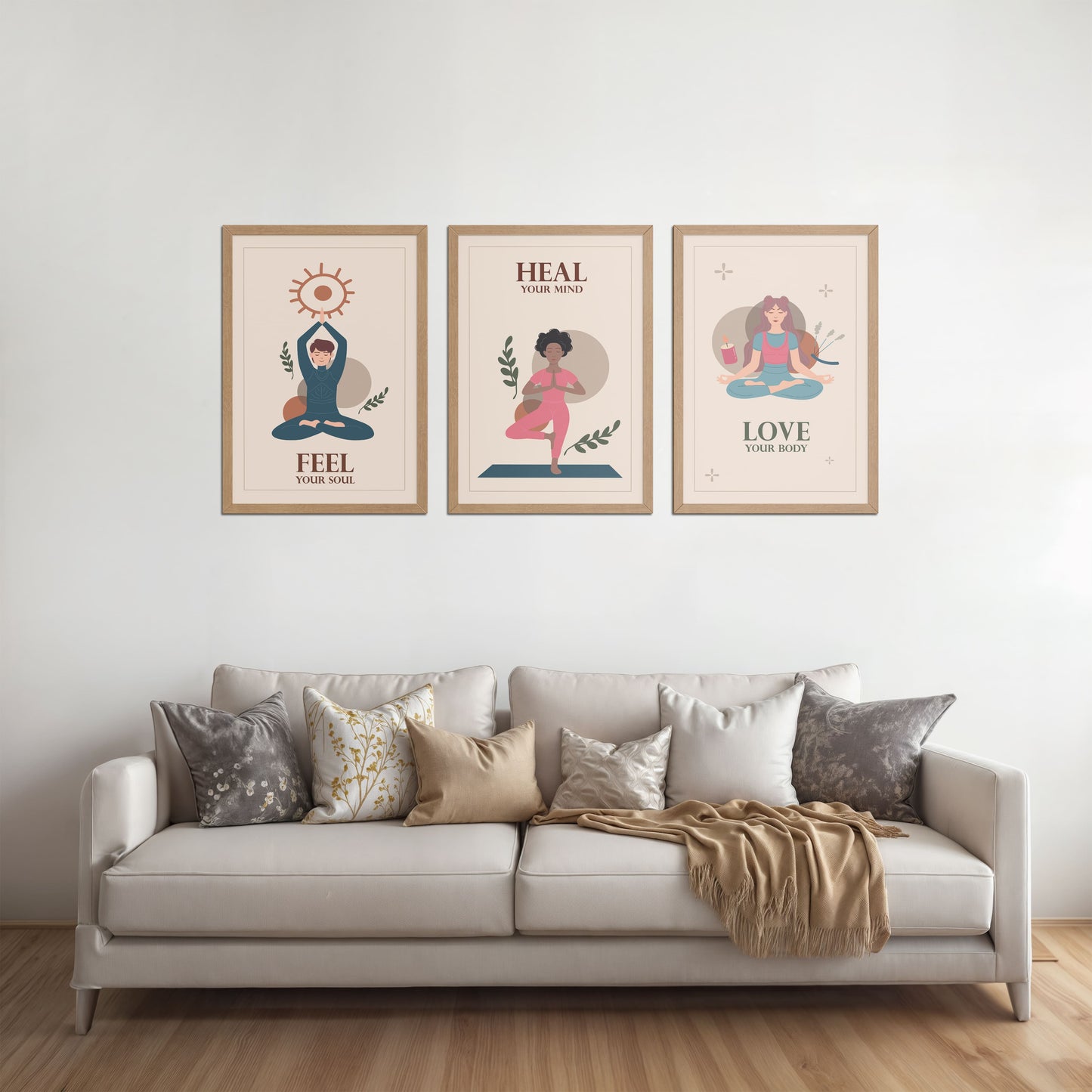 Living Room Sofa Preview of Feel, Heal & Love – Inspirational Yoga Set of 3 Frames in Natrual Color Frame