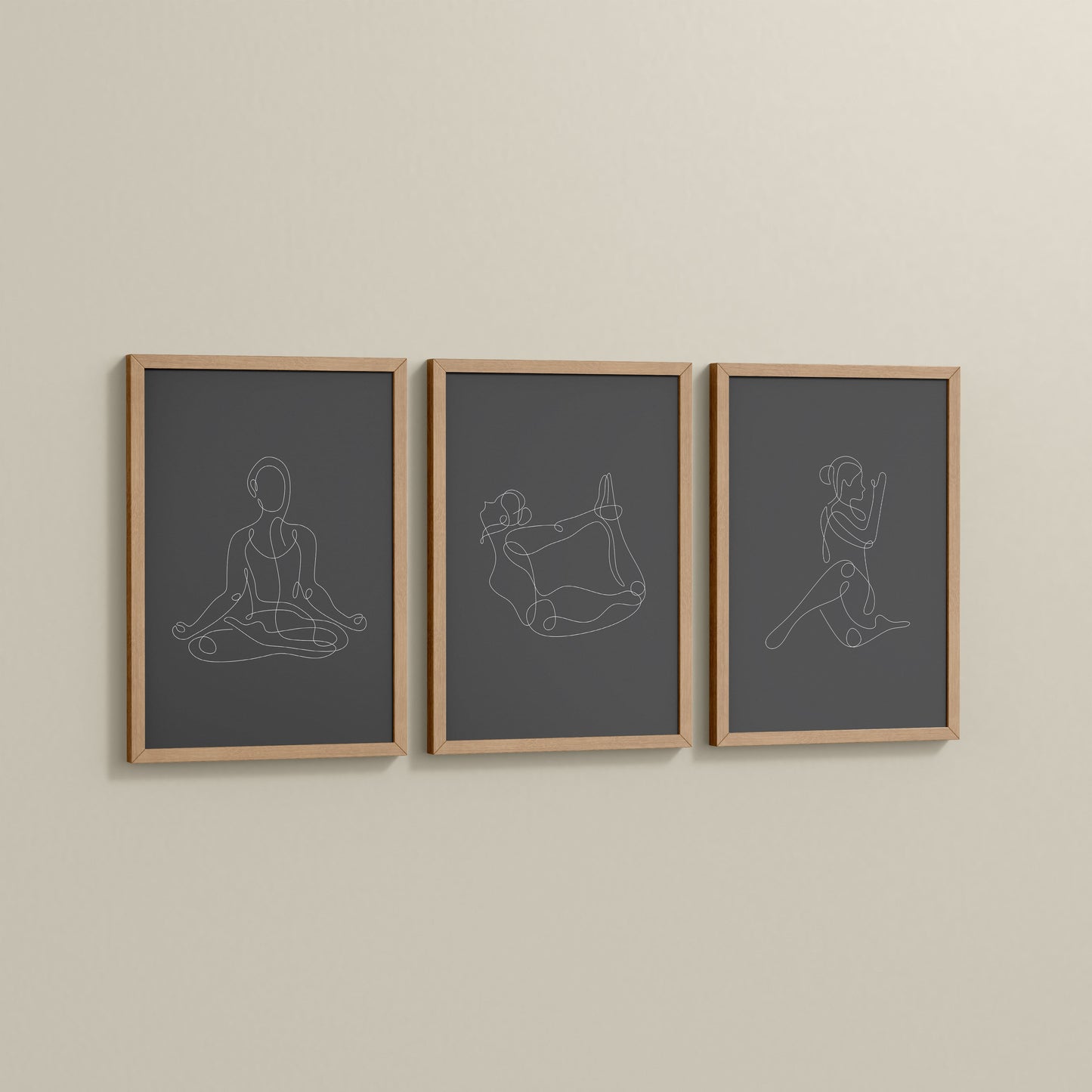 Side View of Grace in Motion – Minimalist Yoga Pose Line Art Set of 3 in Natrual Color Frame