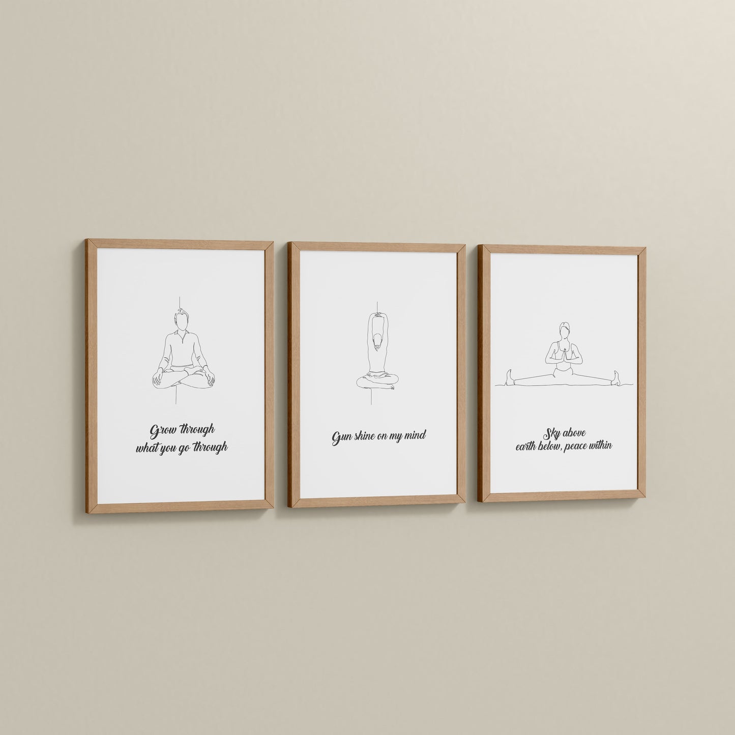 Side View of Mindful Mantras – Yoga Quote Line Art Wall Frame Set of 3 in Natrual Color Frame