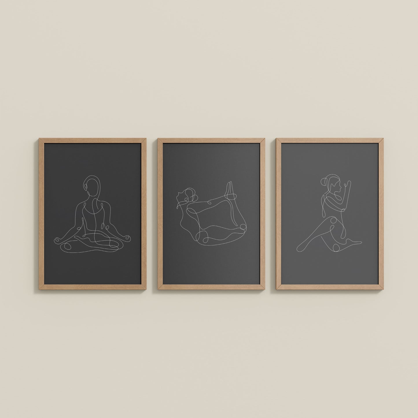 Wall View of Grace in Motion – Minimalist Yoga Pose Line Art Set of 3 in Natrual Color Frame