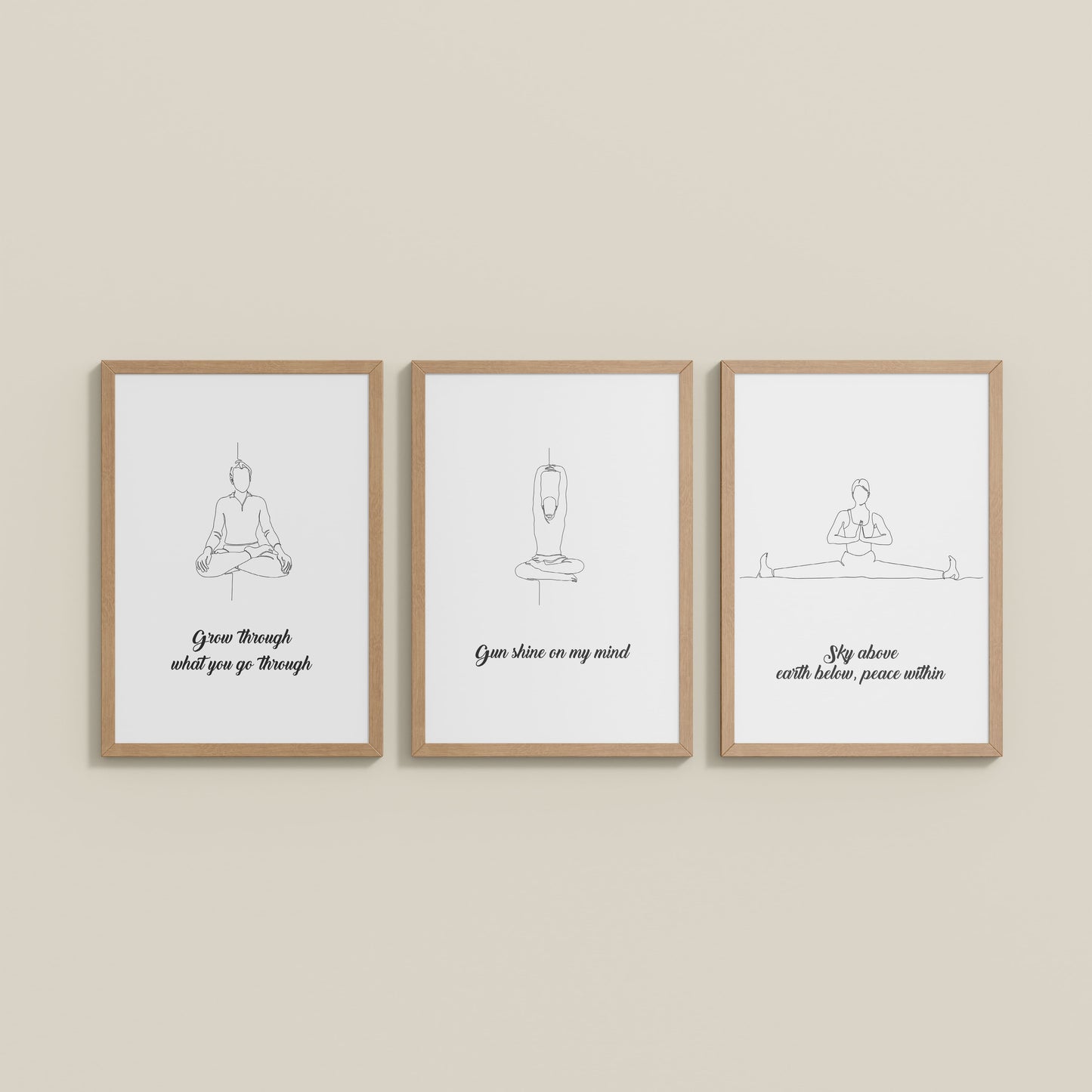 Wall View of Mindful Mantras – Yoga Quote Line Art Wall Frame Set of 3 in Natrual Color Frame