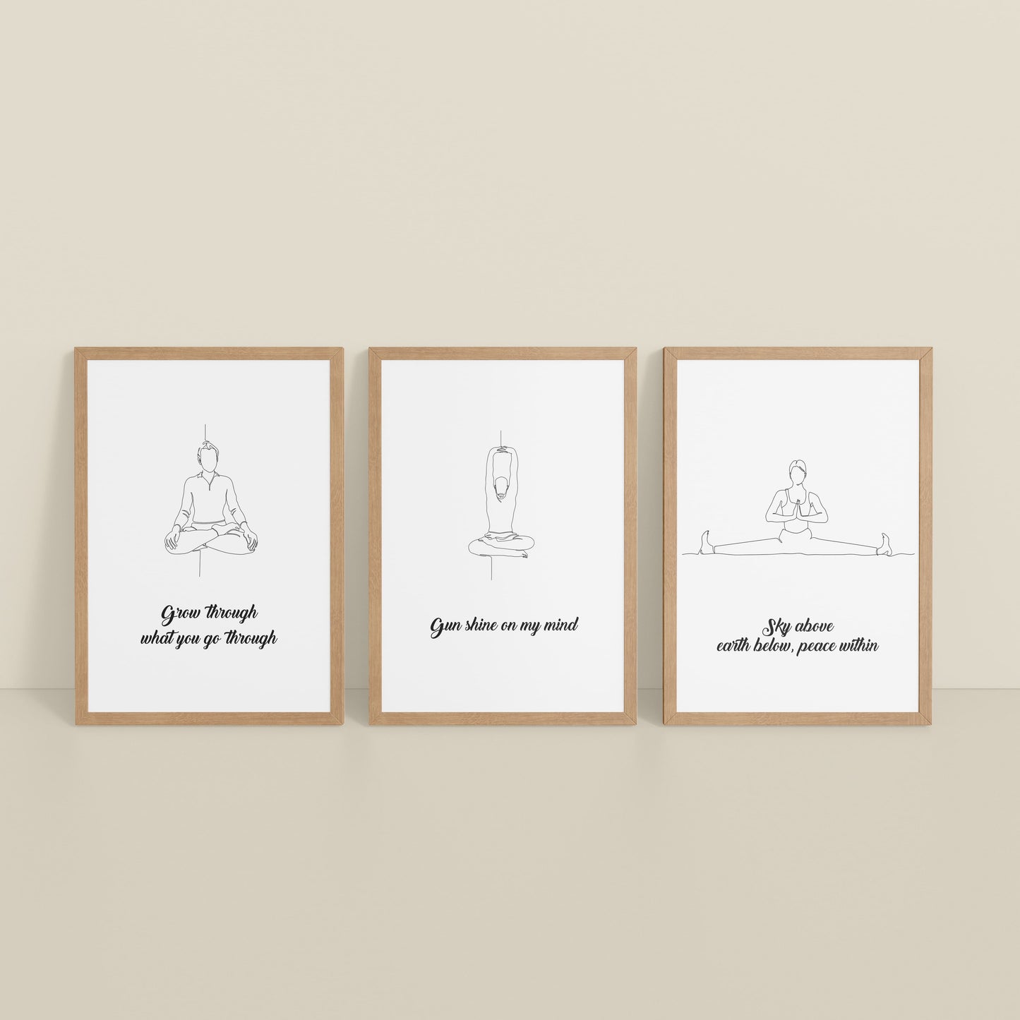 Inclined Floor View of Mindful Mantras – Yoga Quote Line Art Wall Frame Set of 3 in Natrual Color Frame