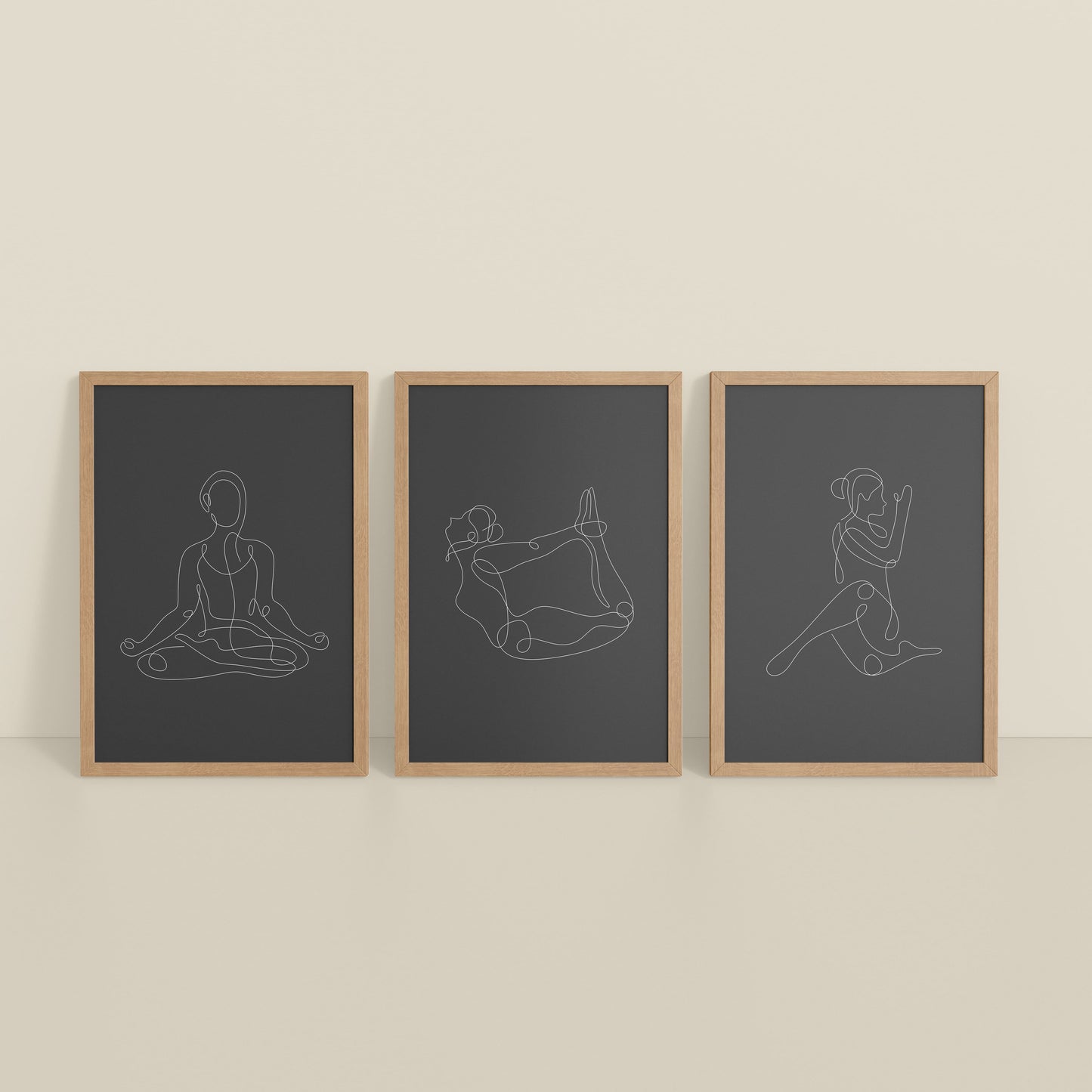 Inclined Floor View of Grace in Motion – Minimalist Yoga Pose Line Art Set of 3 in Natrual Color Frame