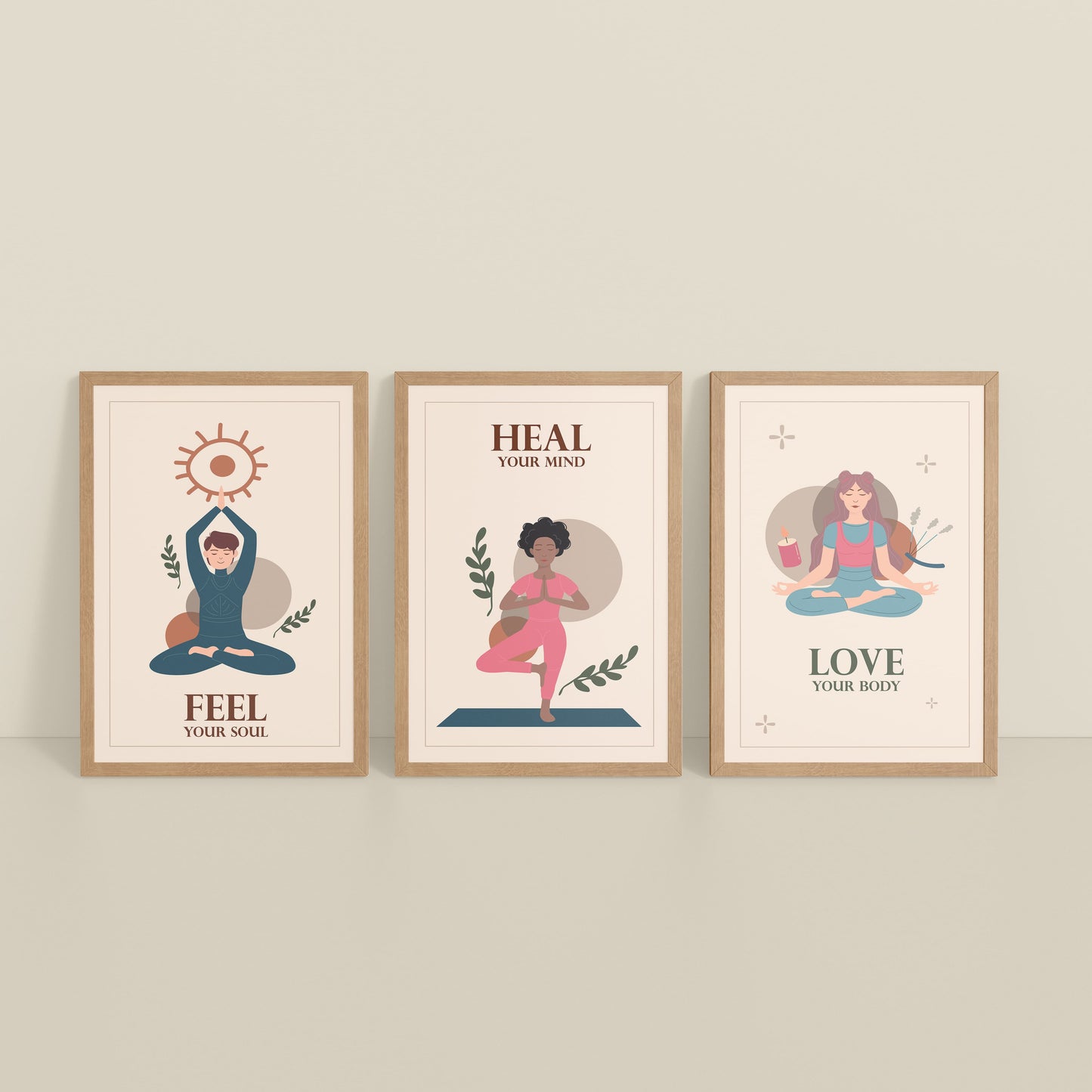 Inclined Floor View of Feel, Heal & Love – Inspirational Yoga Set of 3 Frames in Natrual Color Frame