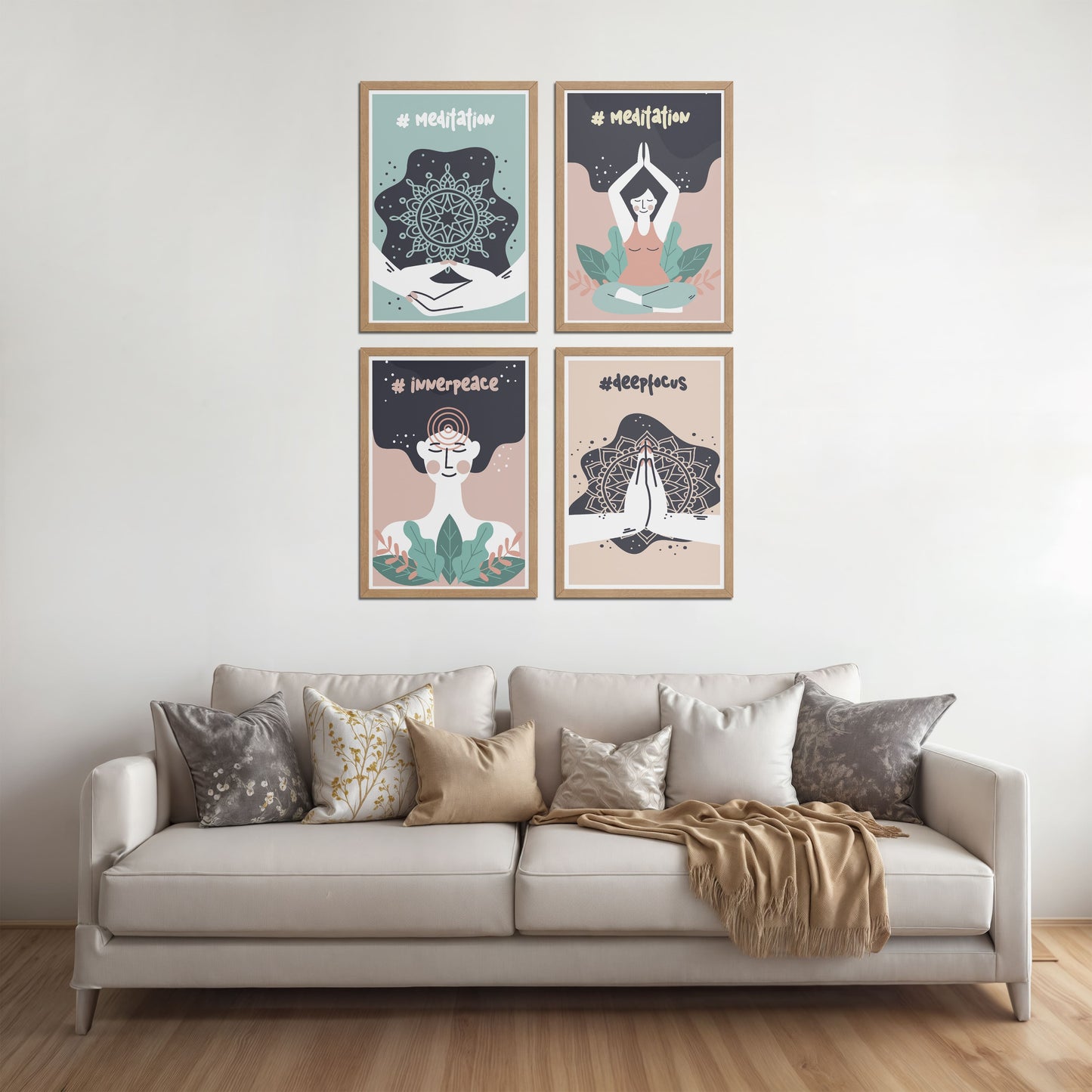 Bed Room Preview of Inner Peace & Meditation Wall Art Set of 4 Frames in Natrual Color Frame