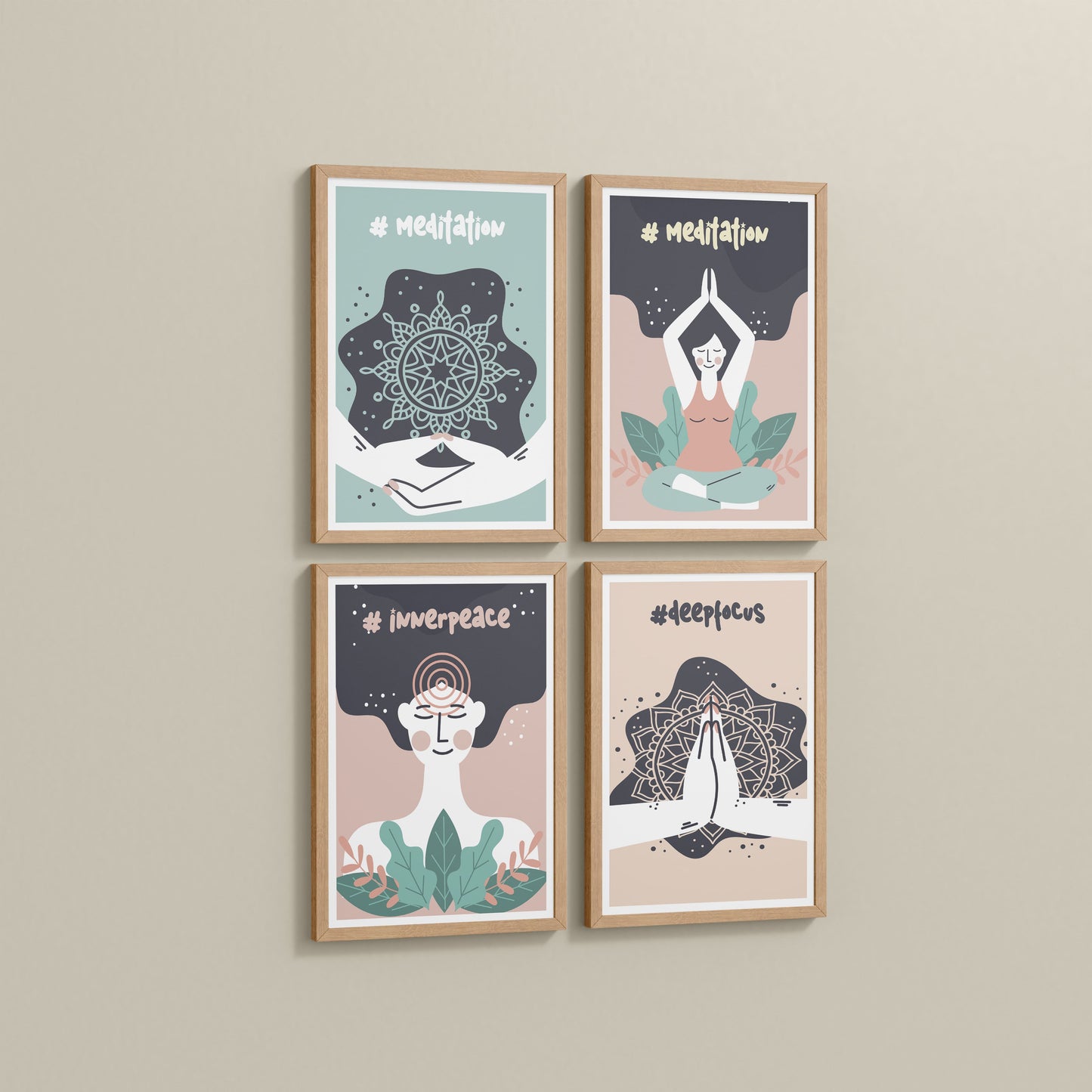 Side View of Inner Peace & Meditation Wall Art Set of 4 Frames in Natrual Color Frame