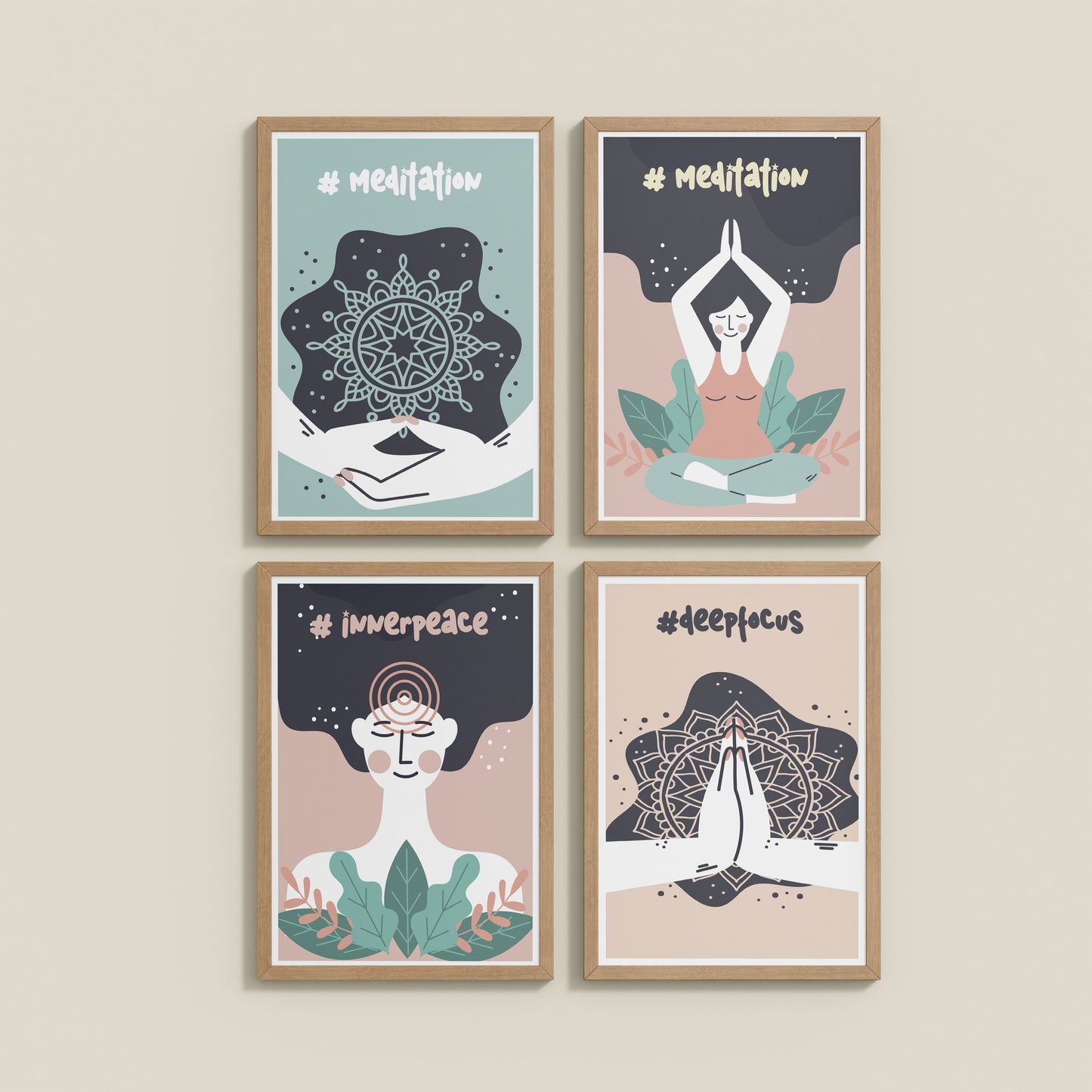Wall View of Inner Peace & Meditation Wall Art Set of 4 Frames in Natrual Color Frame