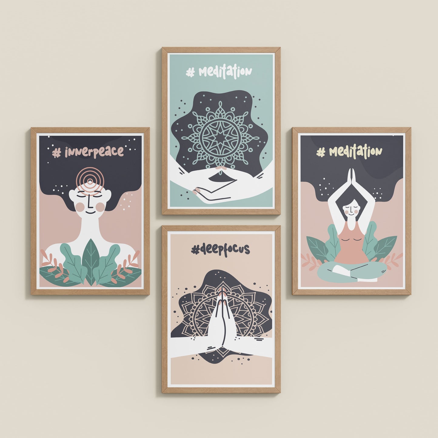 Inclined Floor View of Inner Peace & Meditation Wall Art Set of 4 Frames in Natrual Color Frame