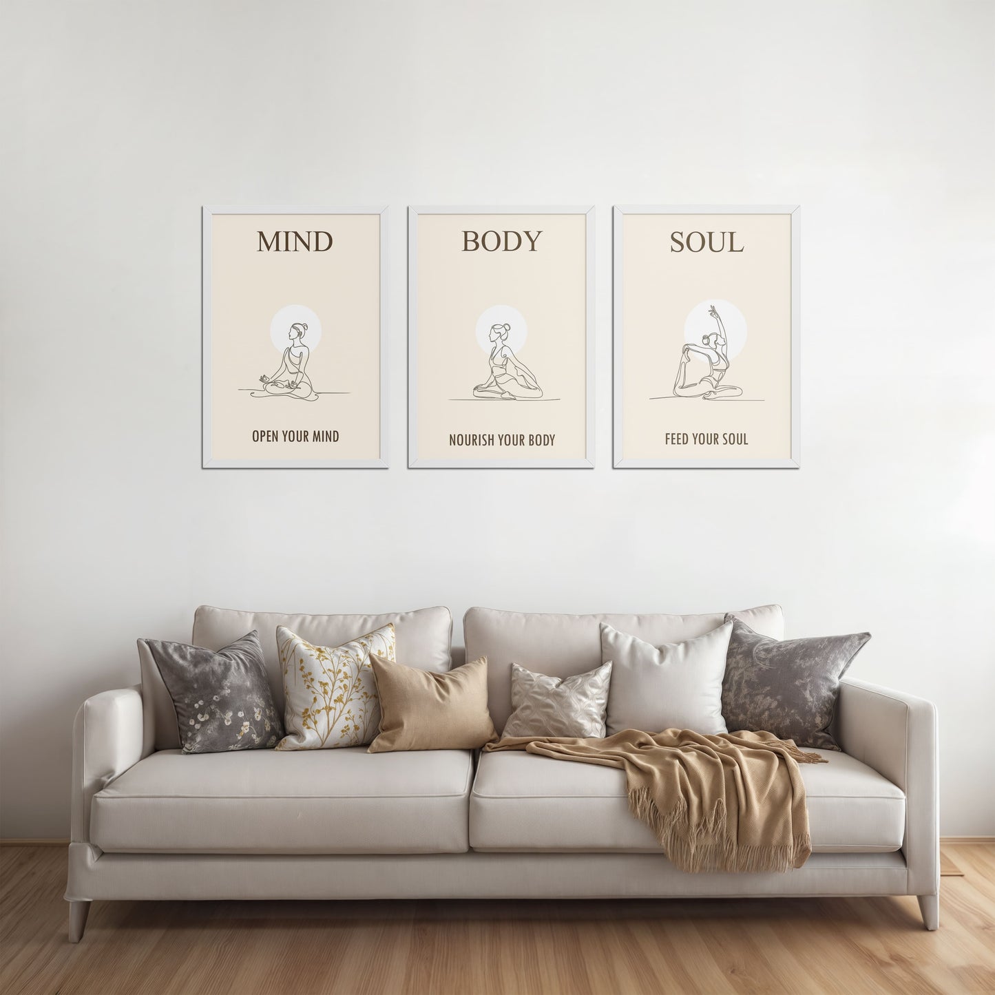 Living Room Sofa Preview of Mind, Body & Soul – Yoga Wall Art Set of 3 Frames in White Color Frame