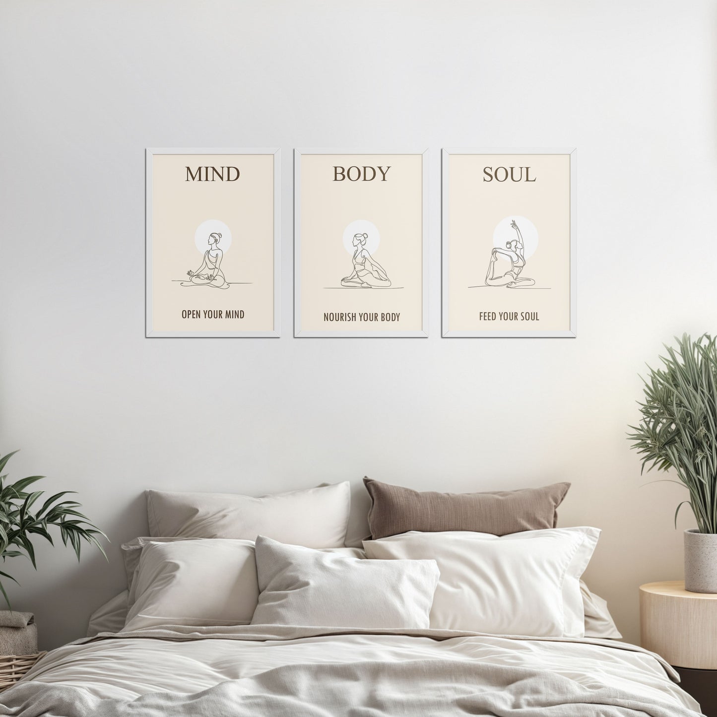 Bed Room Preview of Mind, Body & Soul – Yoga Wall Art Set of 3 Frames in White Color Frame