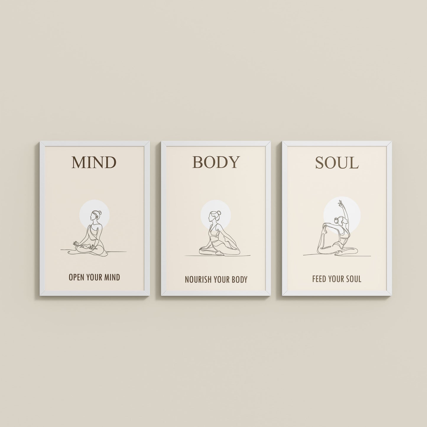 Wall View of Mind, Body & Soul – Yoga Wall Art Set of 3 Frames in White Color Frame