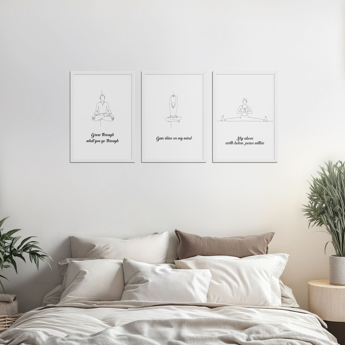 Bed Room Preview of Mindful Mantras – Yoga Quote Line Art Wall Frame Set of 3 in White Color Frame