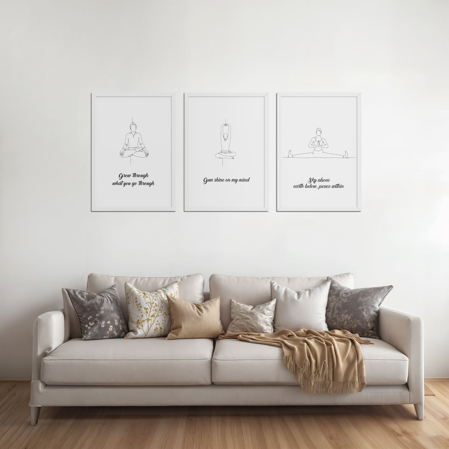 Living Room Sofa Preview of Mindful Mantras – Yoga Quote Line Art Wall Frame Set of 3 in White Color Frame