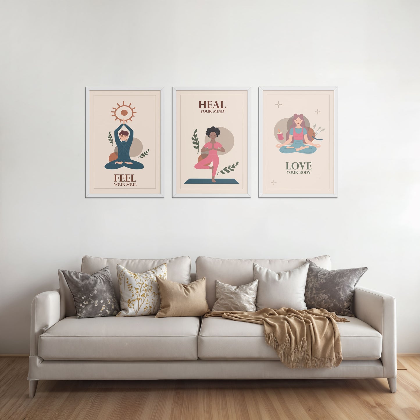Living Room Sofa Preview of Feel, Heal & Love – Inspirational Yoga Set of 3 Frames in White Color Frame