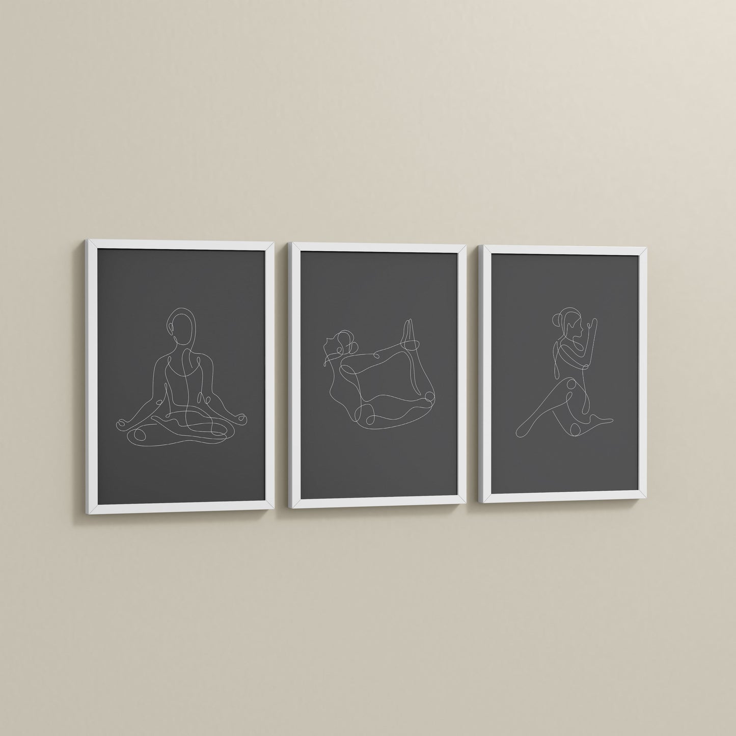 Side View of Grace in Motion – Minimalist Yoga Pose Line Art Set of 3 in White Color Frame