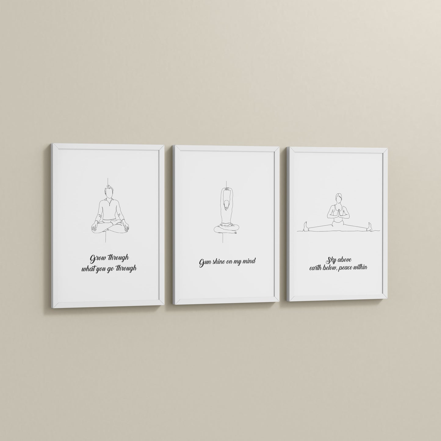 Side View of Mindful Mantras – Yoga Quote Line Art Wall Frame Set of 3 in White Color Frame