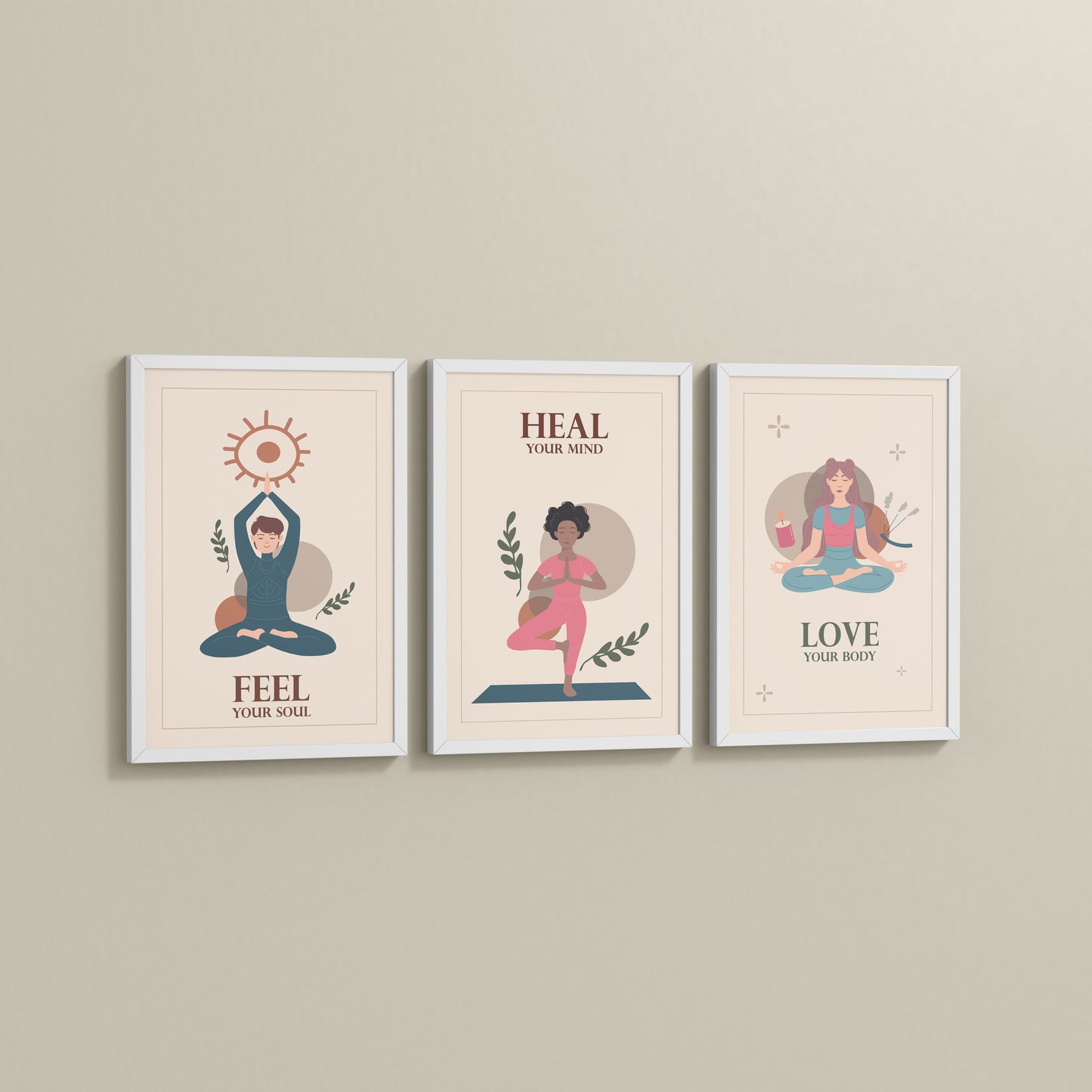 Side View of Feel, Heal & Love – Inspirational Yoga Set of 3 Frames in White Color Frame