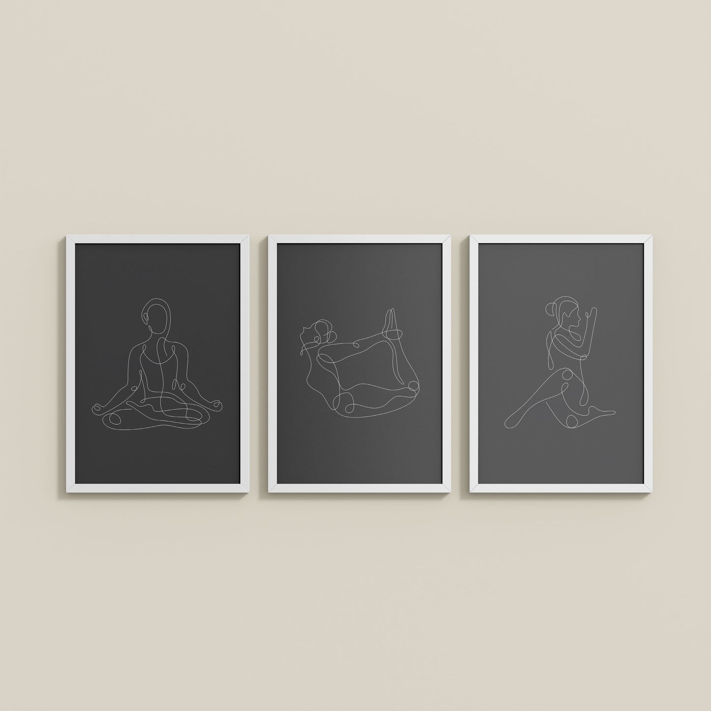 Wall View of Grace in Motion – Minimalist Yoga Pose Line Art Set of 3 in White Color Frame