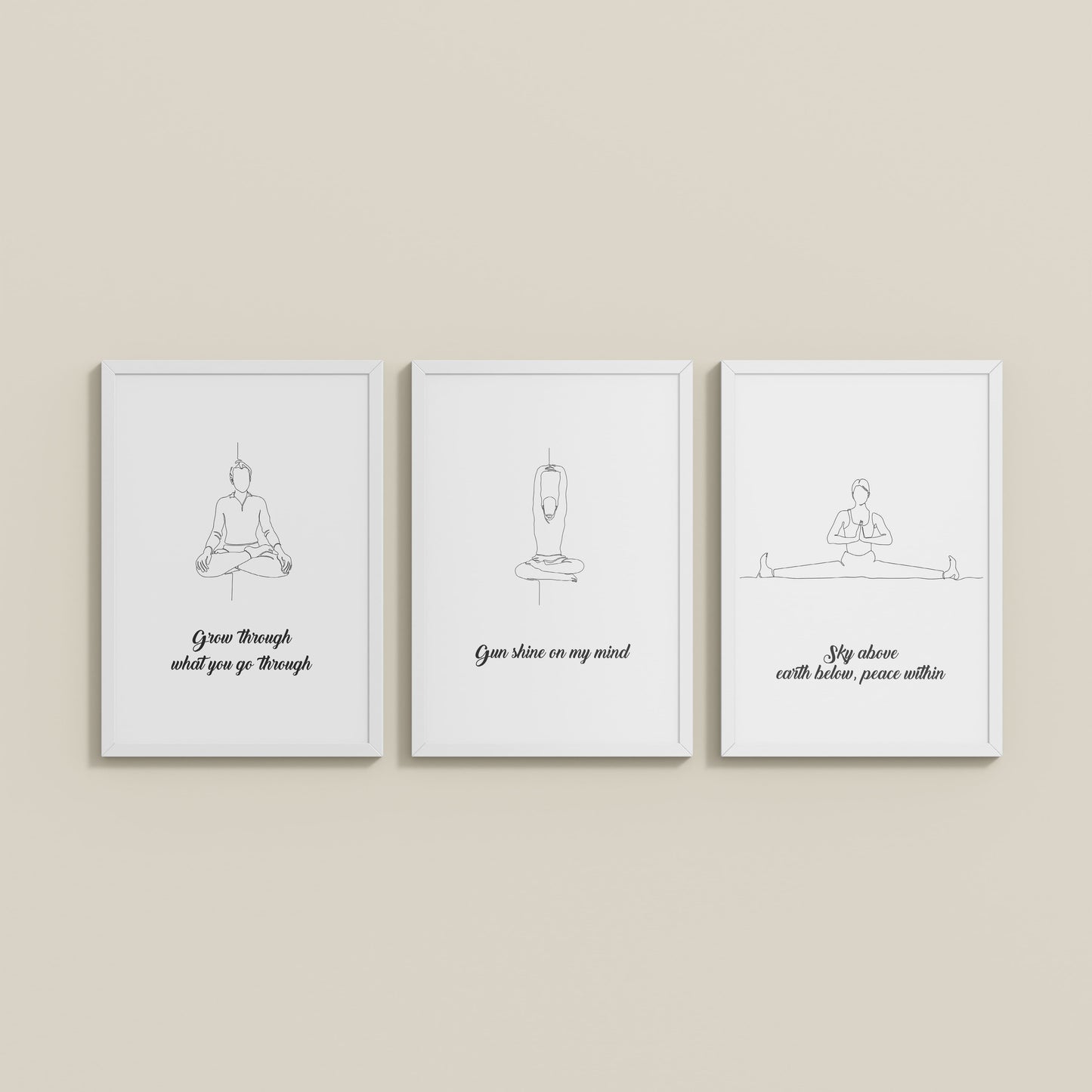 Wall View of Mindful Mantras – Yoga Quote Line Art Wall Frame Set of 3 in White Color Frame