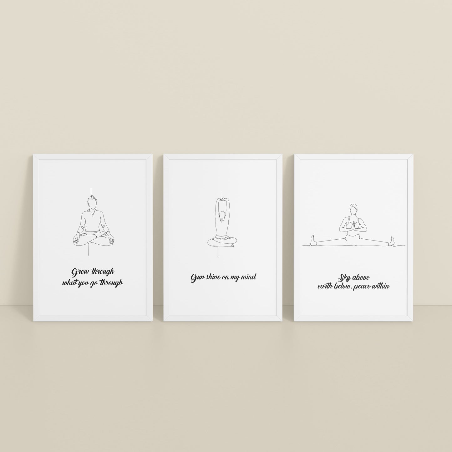 Inclined Floor View of Mindful Mantras – Yoga Quote Line Art Wall Frame Set of 3 in White Color Frame