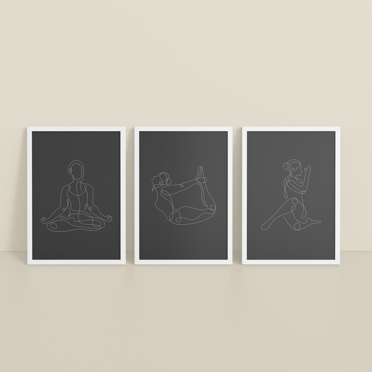 Inclined Floor View of Grace in Motion – Minimalist Yoga Pose Line Art Set of 3 in White Color Frame