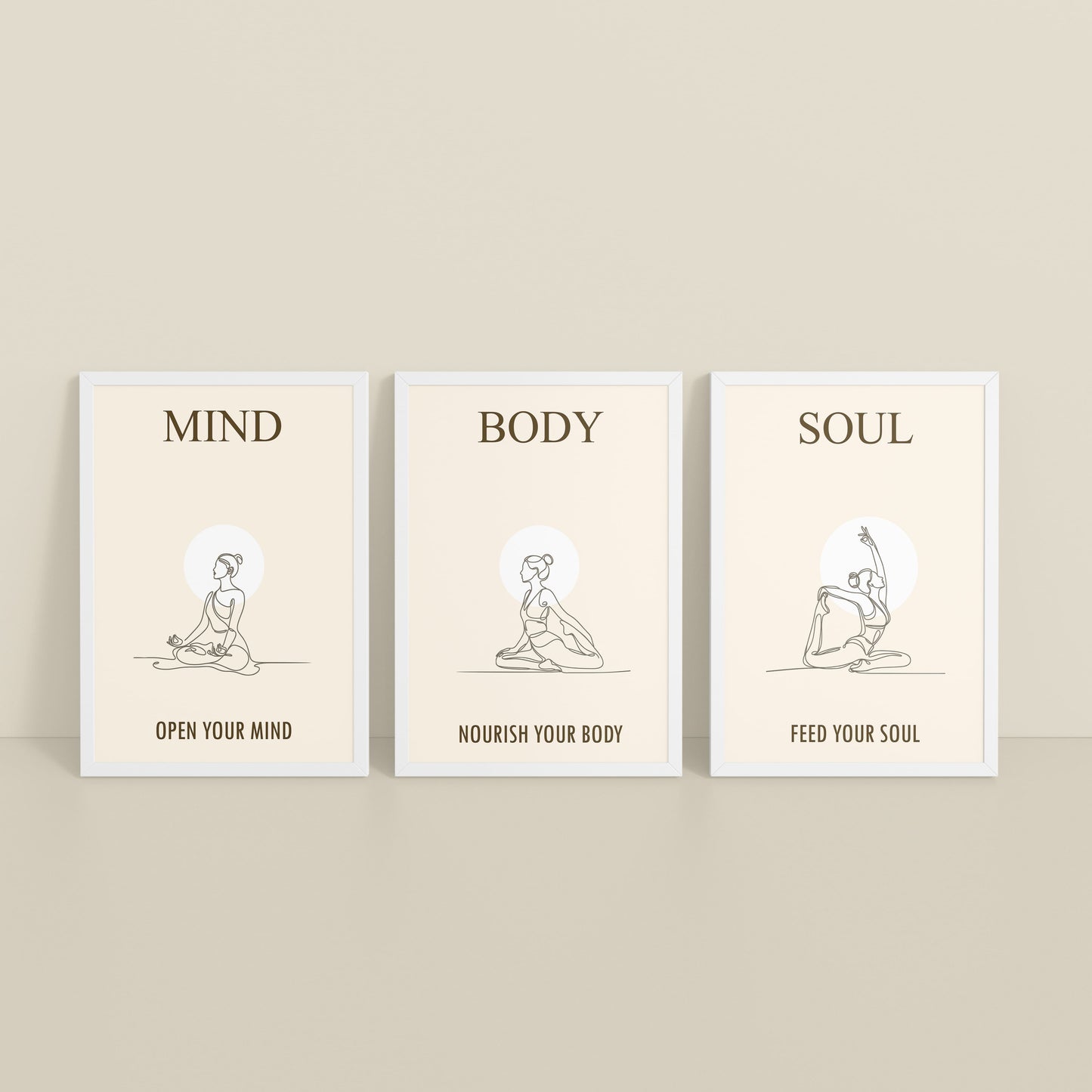 Inclined Floor View of Mind, Body & Soul – Yoga Wall Art Set of 3 Frames in White Color Frame