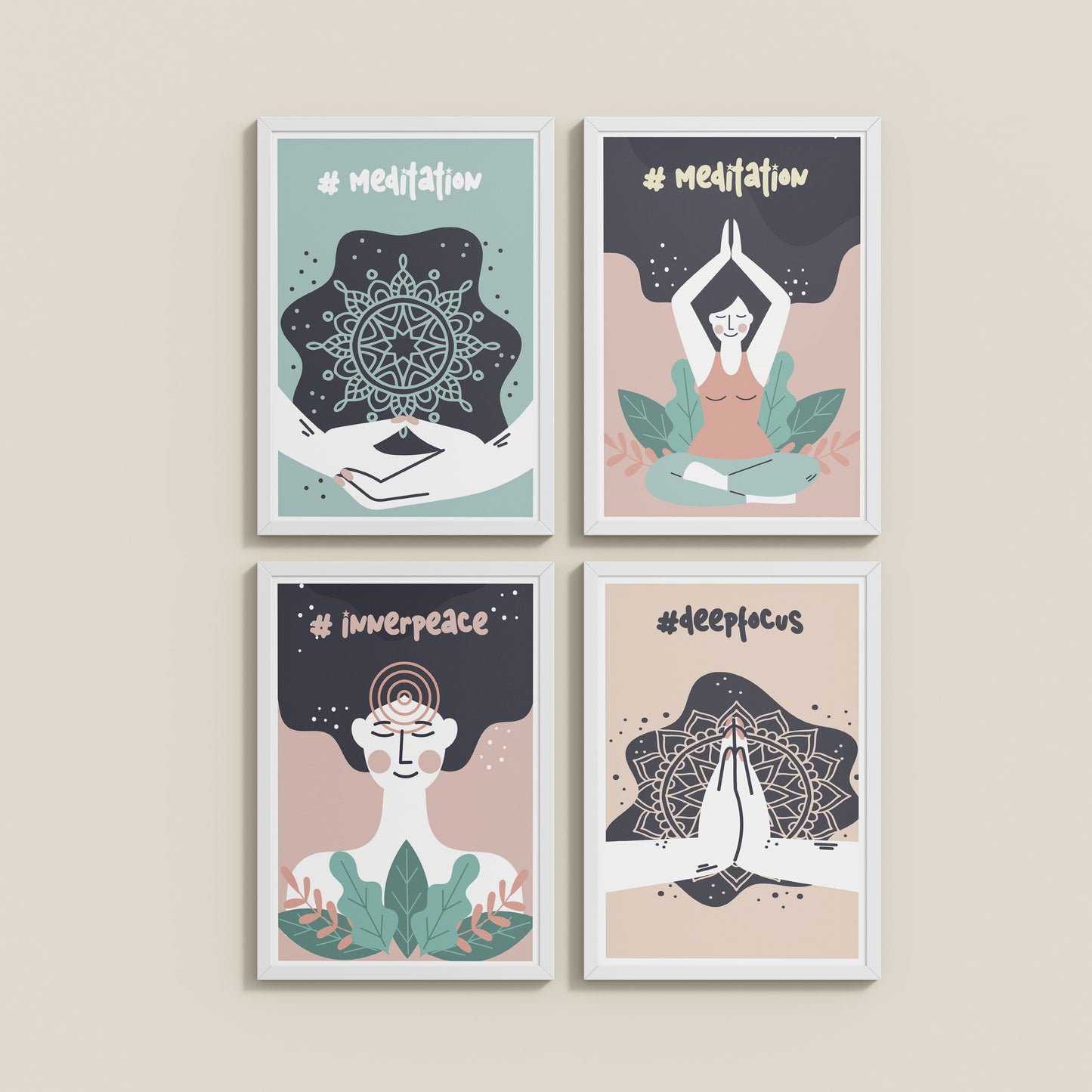 Wall View of Inner Peace & Meditation Wall Art Set of 4 Frames in White Color Frame