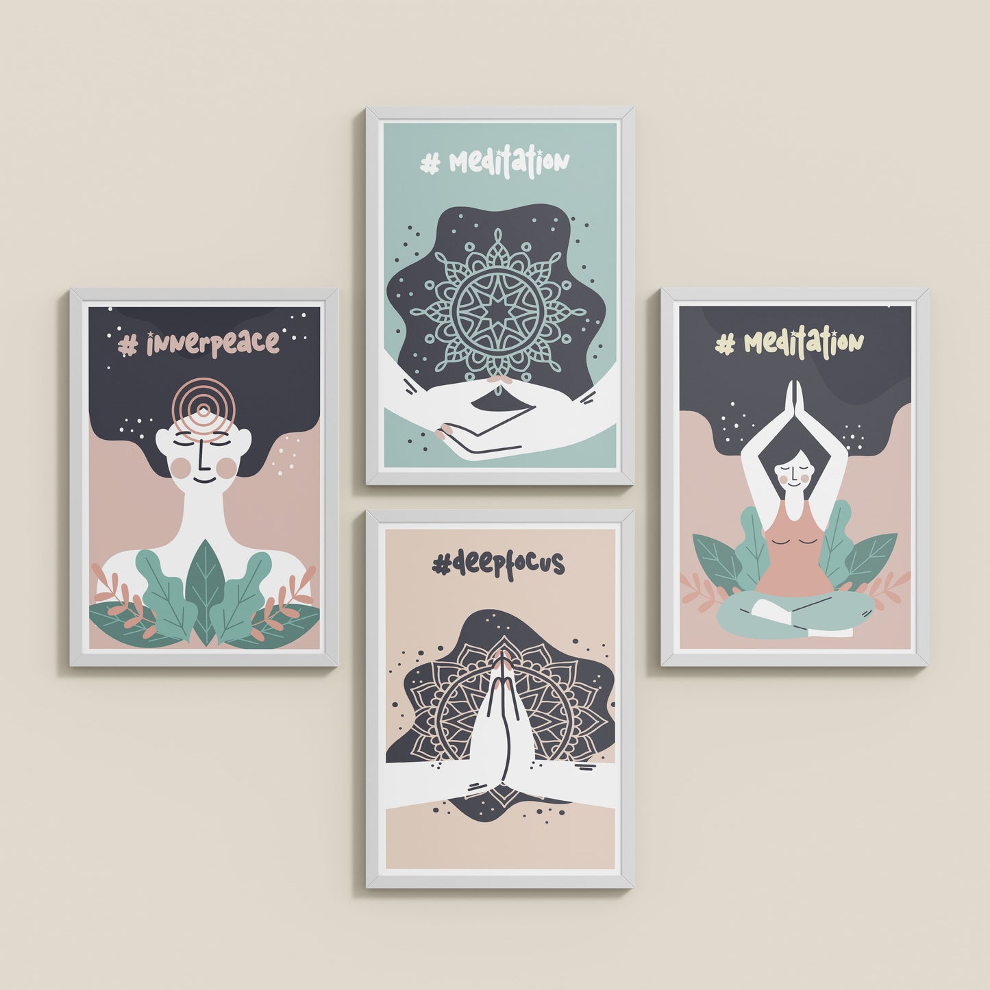 Inclined Floor View of Inner Peace & Meditation Wall Art Set of 4 Frames in White Color Frame