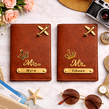 Personalized Passport Cover Set for Couples with Name & Charm