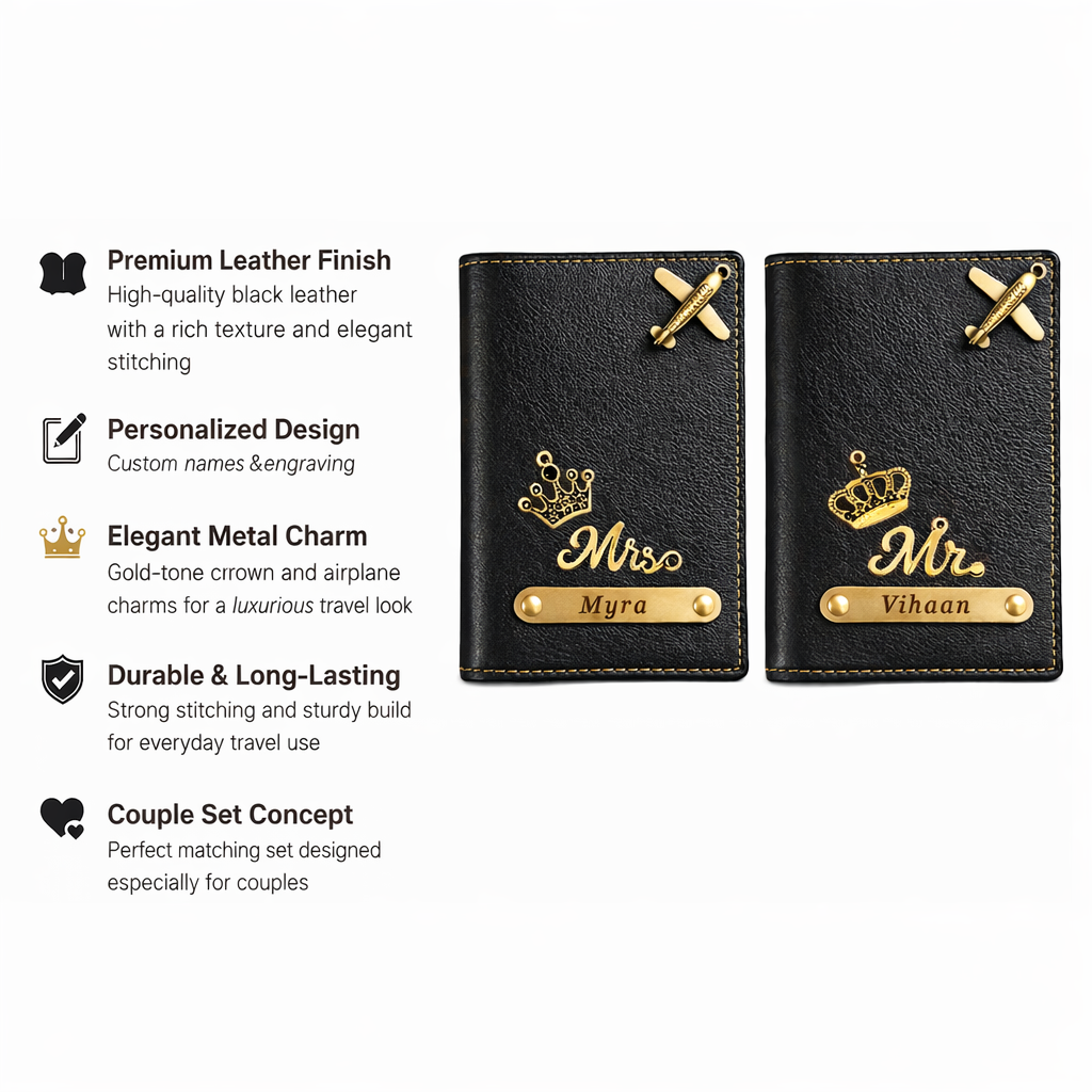 Personalized Passport Cover Set for Couples with Name & Charm