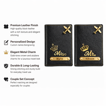 Personalized Passport Cover Set for Couples with Name & Charm