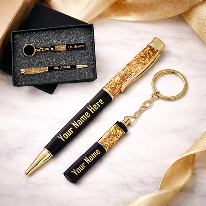 Personalized Gold Flakes Pen & Keychain with name