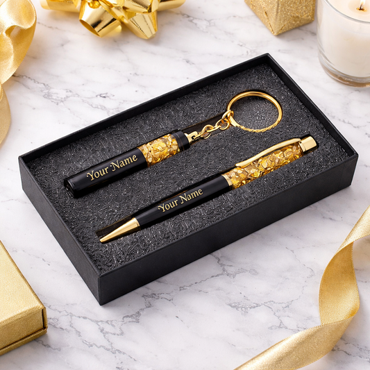 Personalized Gold Flakes Pen & Keychain with name