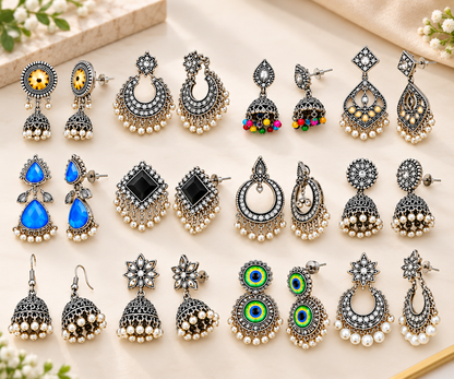 Classic Oxidized Earrings Set – 12 Pairs for Women
