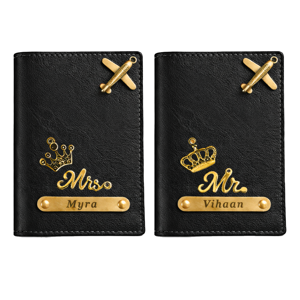 Personalized Passport Cover Set for Couples with Name & Charm