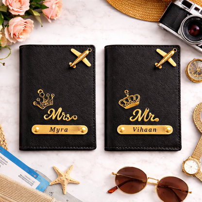 Personalized Passport Cover Set for Couples with Name & Charm