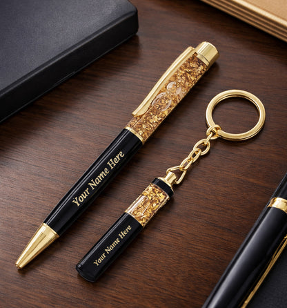 Personalized Gold Flakes Pen & Keychain with name