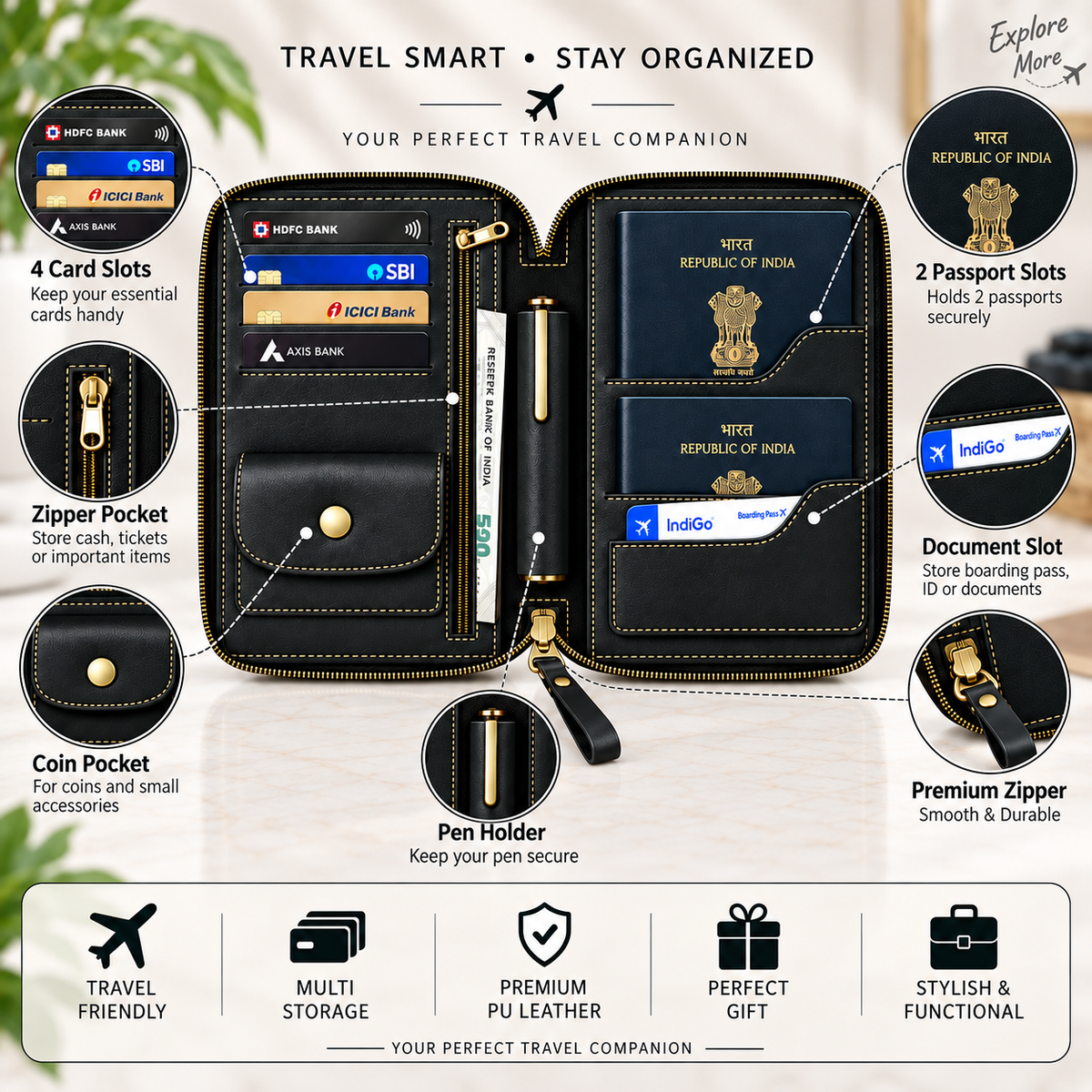 Personalized Family Passport Wallet & Multi-Card Travel Organizer