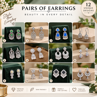 Set of 12 Oxidized Earrings for Women