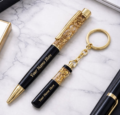 Personalized Gold Flakes Pen & Keychain with name