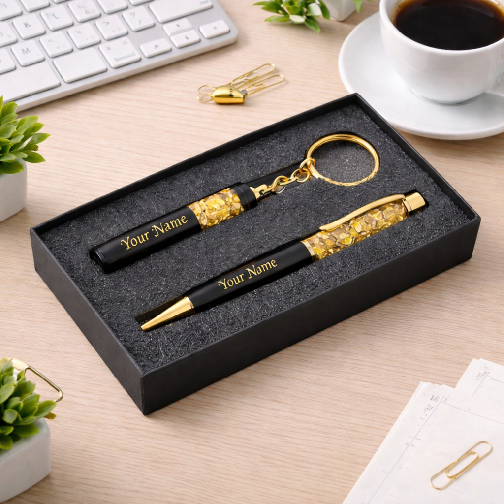 Personalized Gold Flakes Pen & Keychain with name