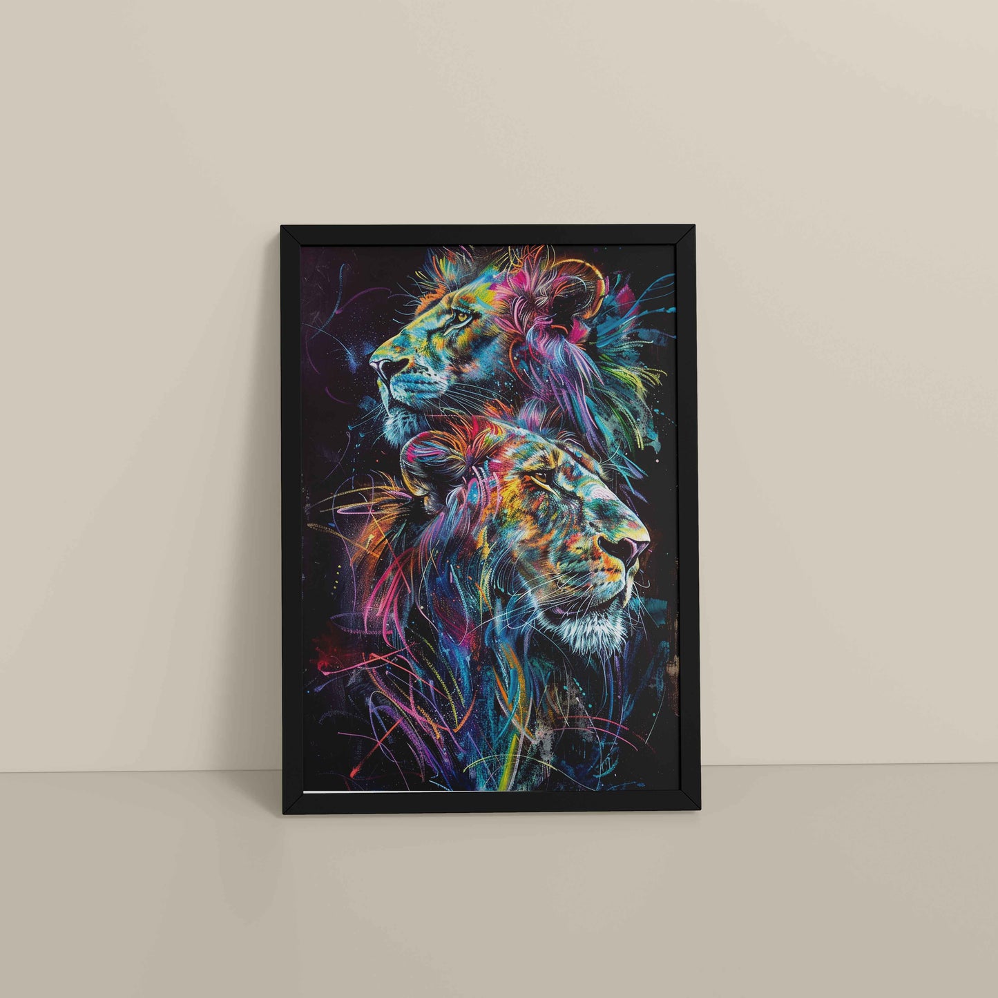 Floor View of Twin Lions in Multicolor Abstract – Symbol of Strength & Pride in Black Color Frame